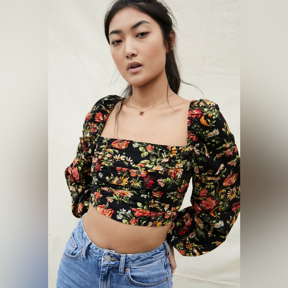 Urban Outfitters Square Neck Long Sleeve Off Shoulder Floral Open Back Black L - Picture 2 of 9